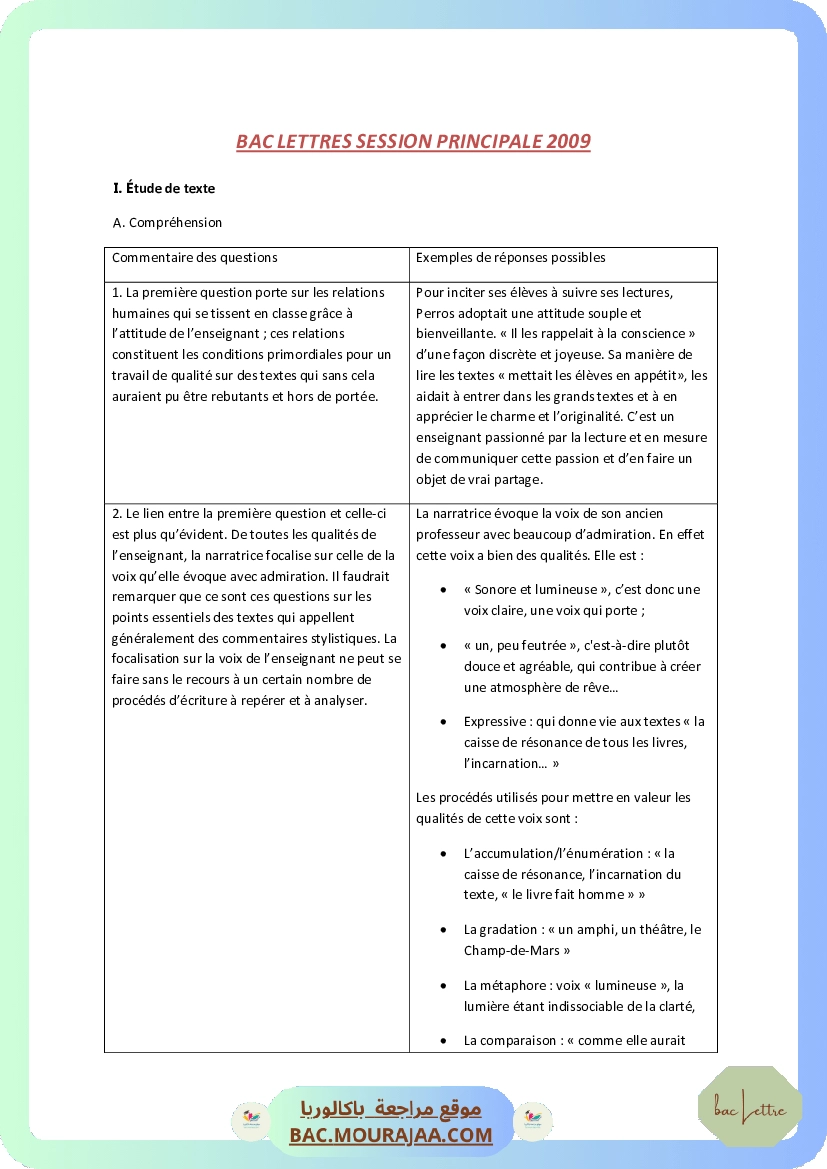 Corrigé principale francais Bac 2009 – Section lettre